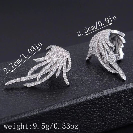 Feather Ear Clip Zircon Earrings | Copper Inlaid Gold Silver