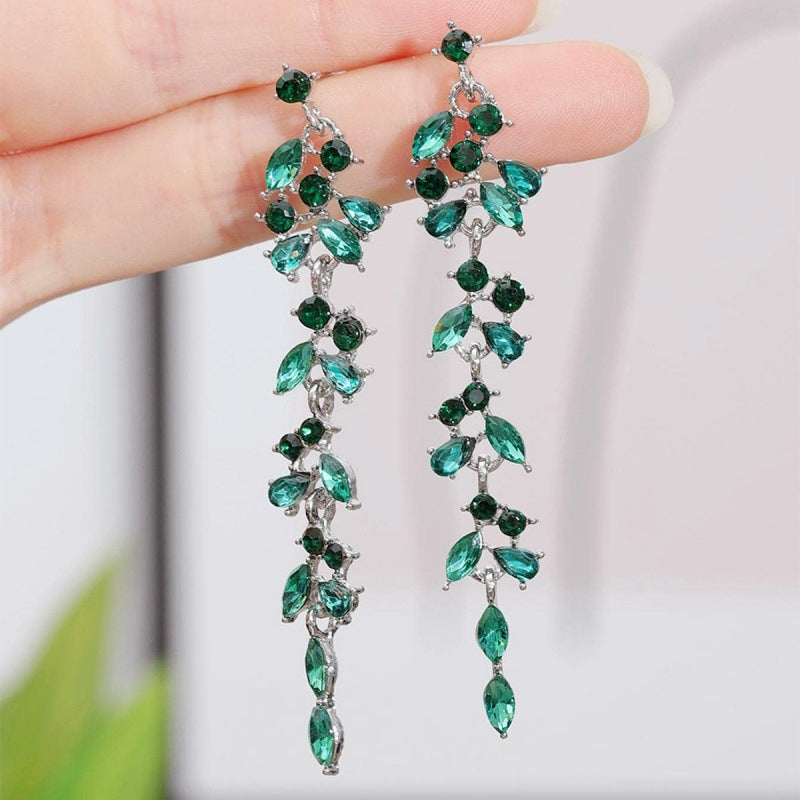 Crystal Diamond Leaf Tassel Earrings | Silver Needle Alloy Natural