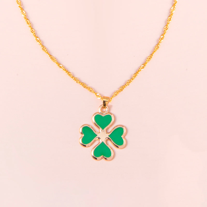 Green Enamel Four Leaf Clover Pendant Necklace for Women