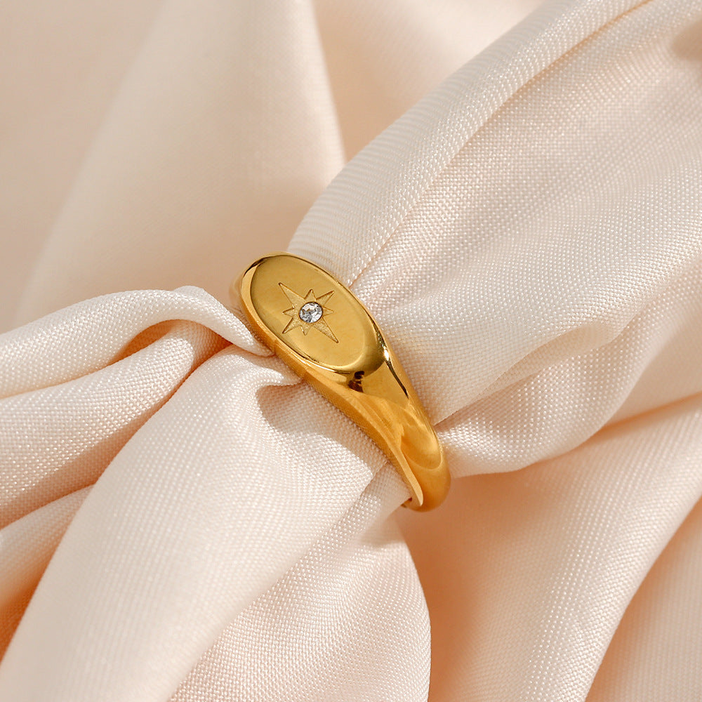 Golden Oval Star Zircon Ring | Stainless Steel Women's Fashion OL