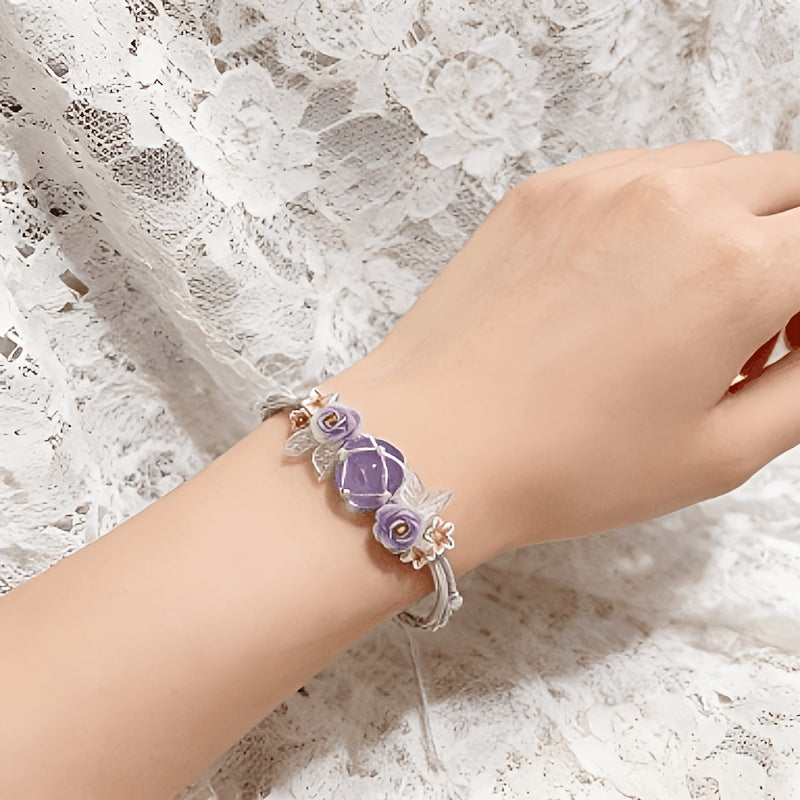 Purple Camellia Double-Tone Handwoven Crystal Bracelet | Light Luxury