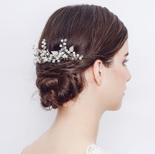 Alloy Leaf Pearl Bridal Hairpin | 10.5x8.5cm Pair