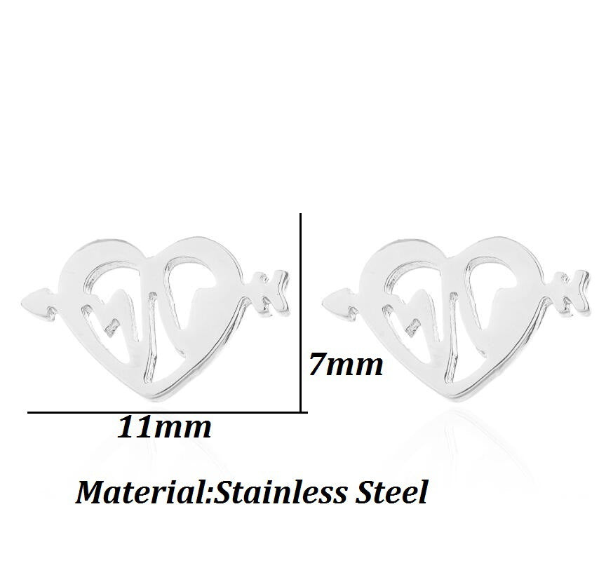 Arrow Through Heart Stud Earrings | Stainless Steel Gold Black Silver Rose