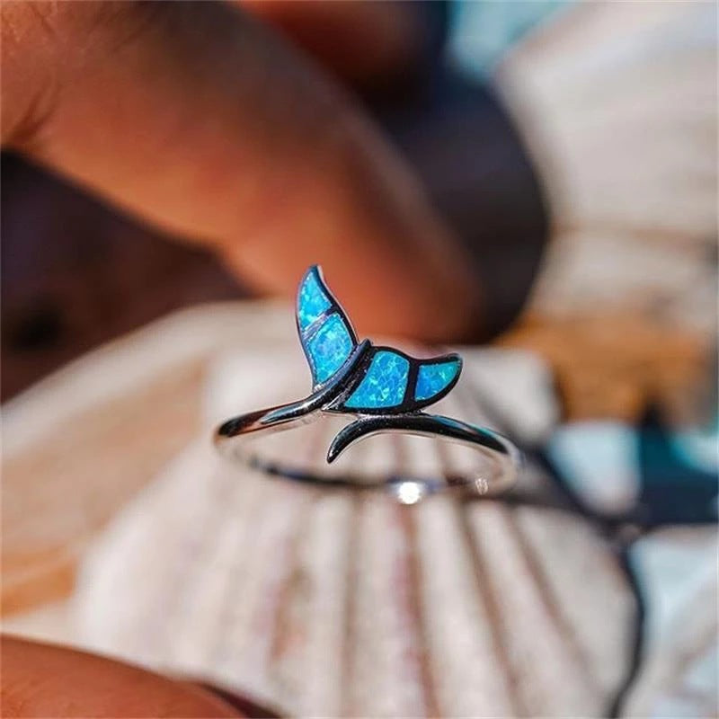 Blue Opal Wing Ring | Alloy Black Gold Creative Women's