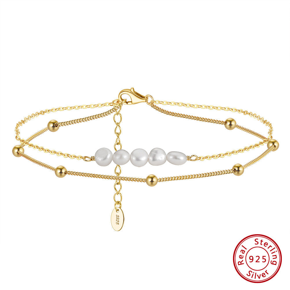 Pearl Double Chain Anklet | 14K Gold White Gold 22+5cm