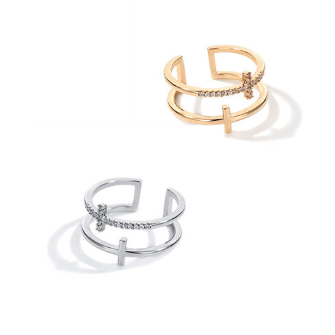 Double Cross Zircon Open Ring | Copper Women's Adjustable