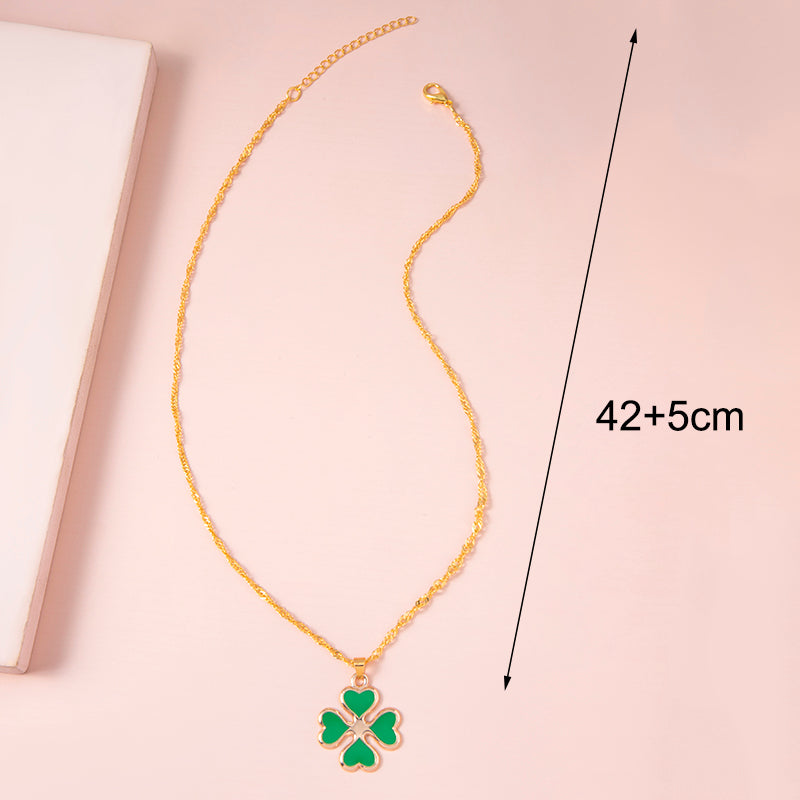 Green Enamel Four Leaf Clover Pendant Necklace for Women
