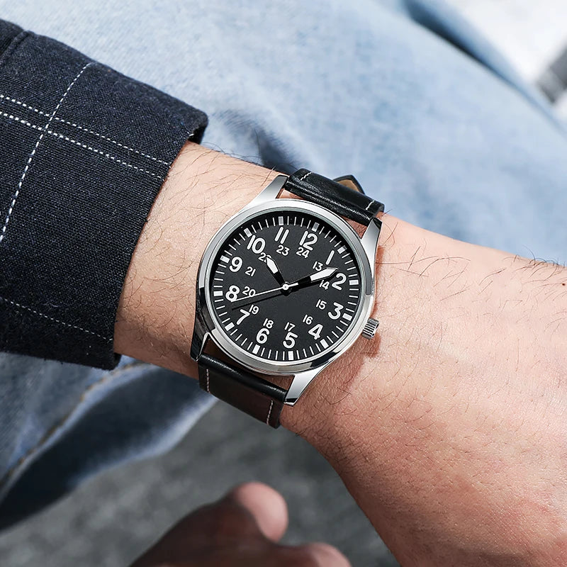 Pilot-Style Quartz Watch with Arabic Numeral Dial