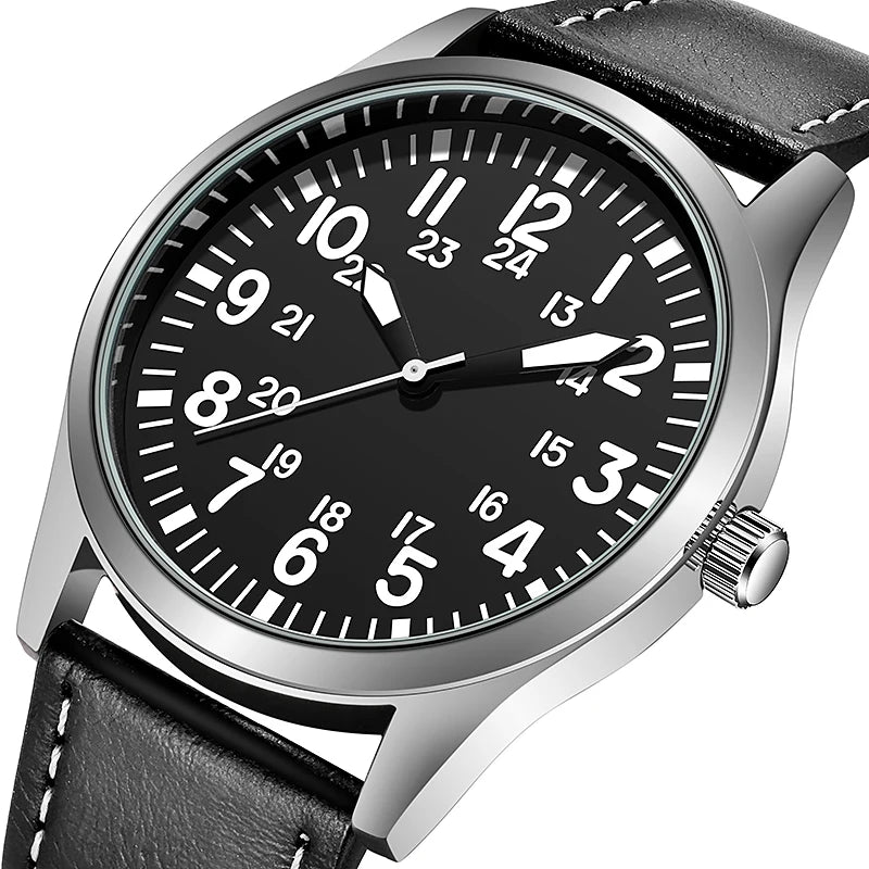 Pilot-Style Quartz Watch with Arabic Numeral Dial