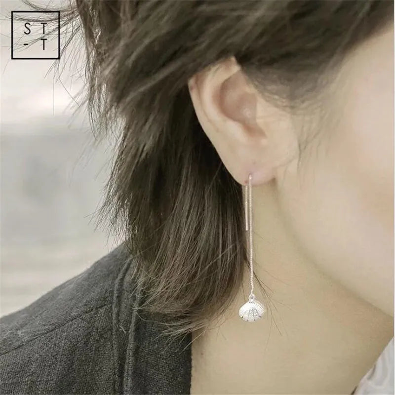 925 Sterling Silver Freshwater Pearl Shell Ear Line Dangle Earrings for Women