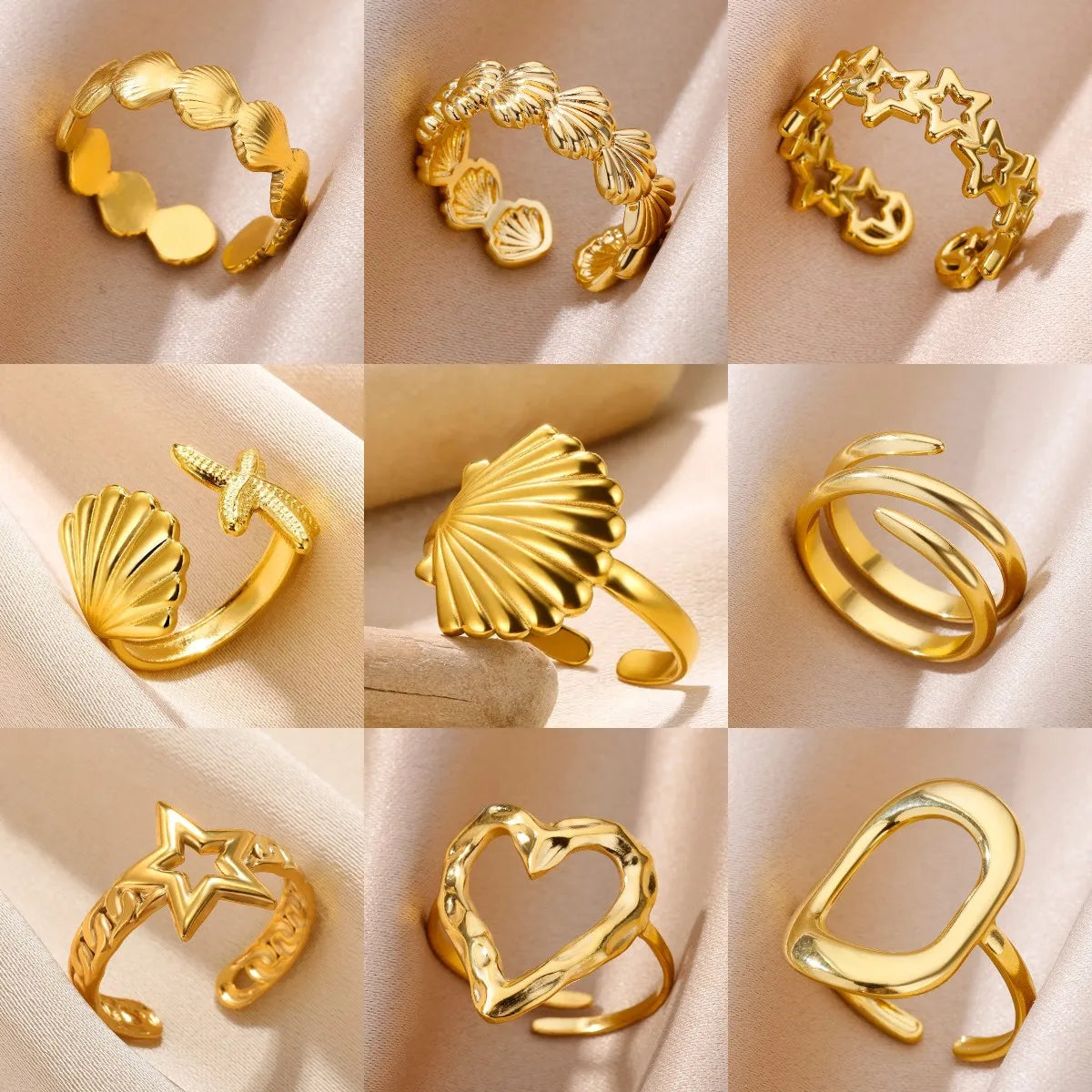 Shell & Star Adjustable Open Ring for Women | 18K Gold Plated