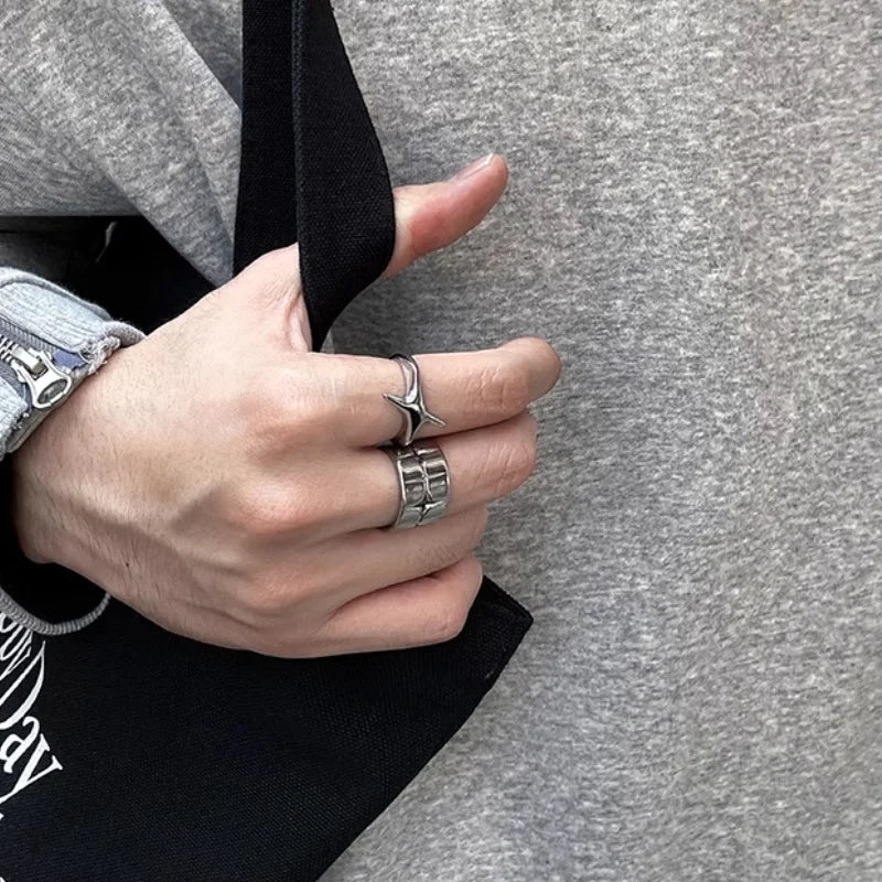 Punk Cross & Star Silver-Colour Ring