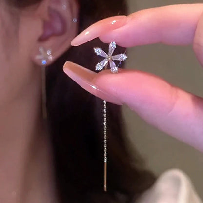 S925 Silver Micro-Inlaid Zircon Flower Ear Line Drop Earrings for Women