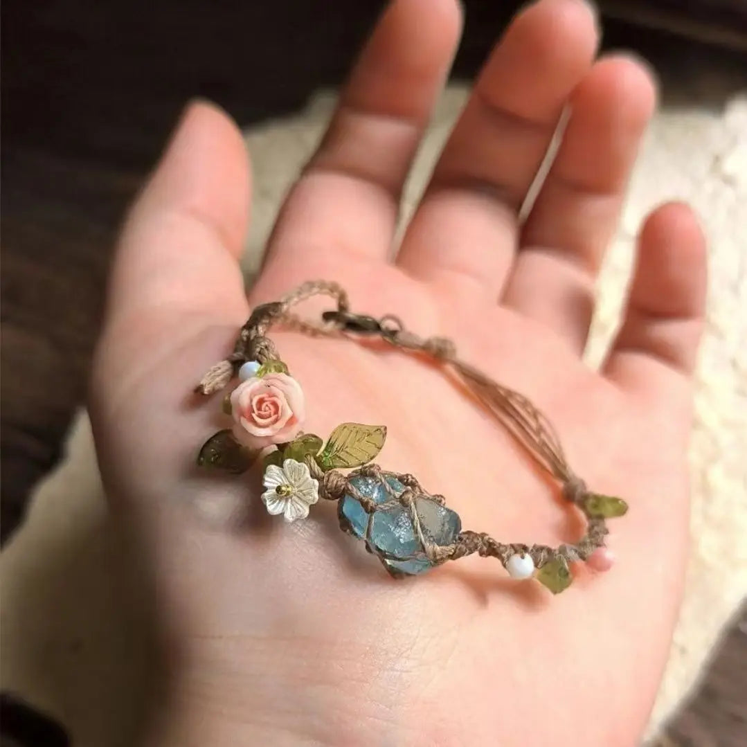 Raw Aquamarine Macrame Bracelet with Rose Accent | Couple Gift