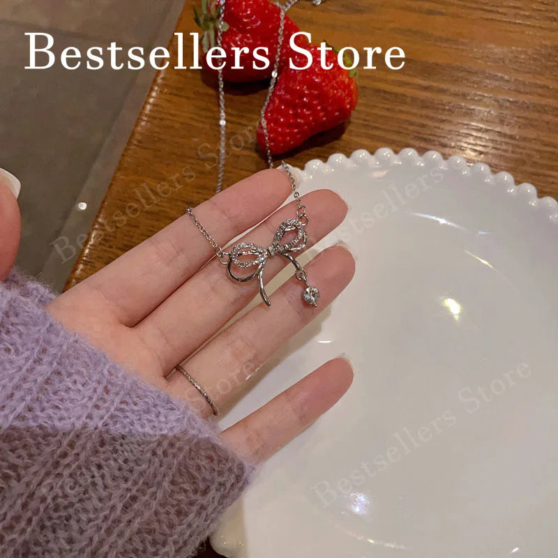 925 Sterling Silver Luxury Bow Zircon Pendant Necklace for Women