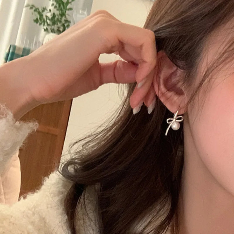 925 Sterling Silver Bow Knot Pearl Earrings for Women