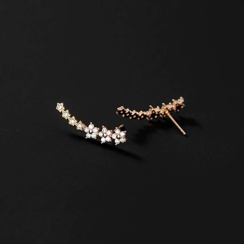 Silver Zircon Flower Star Climbing Stud Earrings for Women