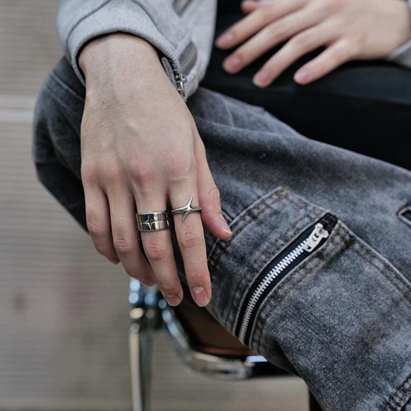 Punk Cross & Star Silver-Colour Ring