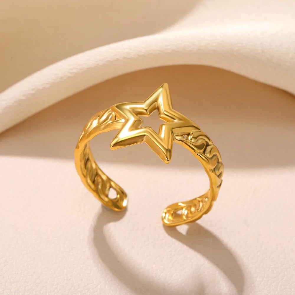 Shell & Star Adjustable Open Ring for Women | 18K Gold Plated