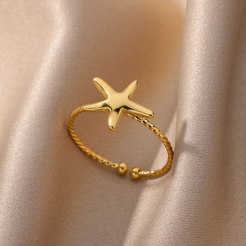 Shell & Star Adjustable Open Ring for Women | 18K Gold Plated