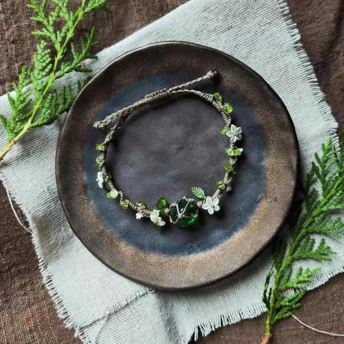 Handmade Crystal Olive Stone Woven Flower Ring for Women | Green