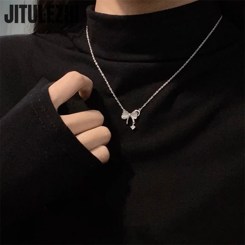 925 Sterling Silver Butterfly Opal Bow Knot Collar Necklace for Women