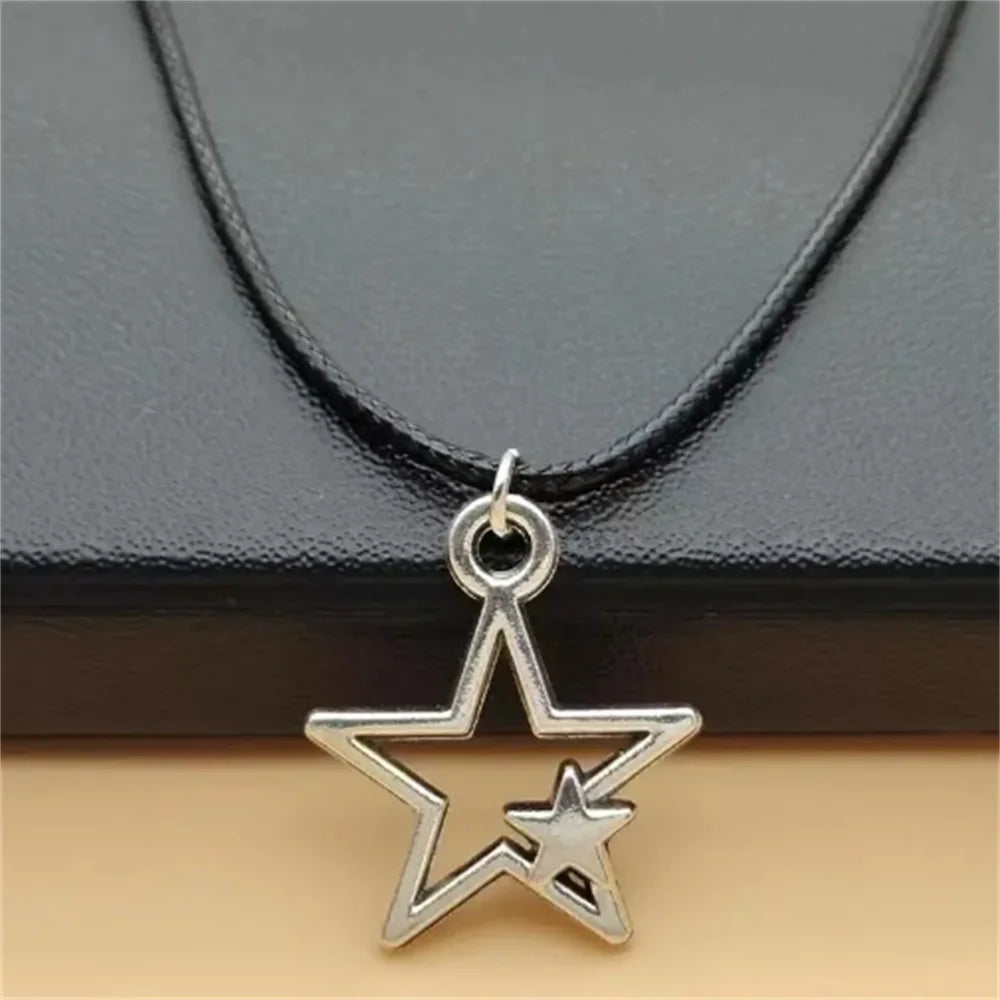 Newest Fashion Tibetan Hollow Double Star Pendant Necklace Choker Charm Black Leather Cord Factory Price Handmade Jewelry Gifts