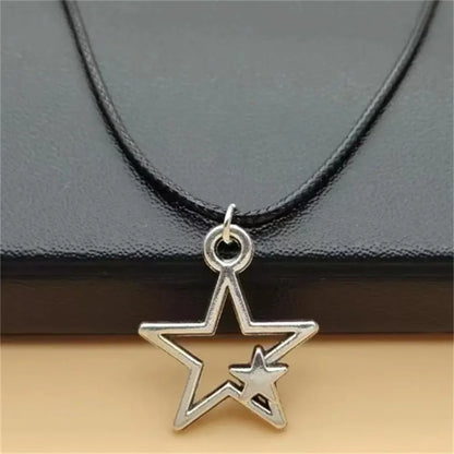 Newest Fashion Tibetan Hollow Double Star Pendant Necklace Choker Charm Black Leather Cord Factory Price Handmade Jewelry Gifts