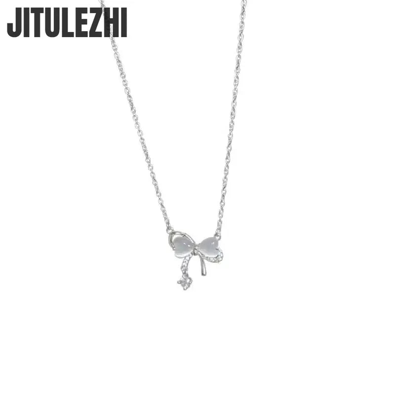 925 Sterling Silver Butterfly Opal Bow Knot Collar Necklace for Women