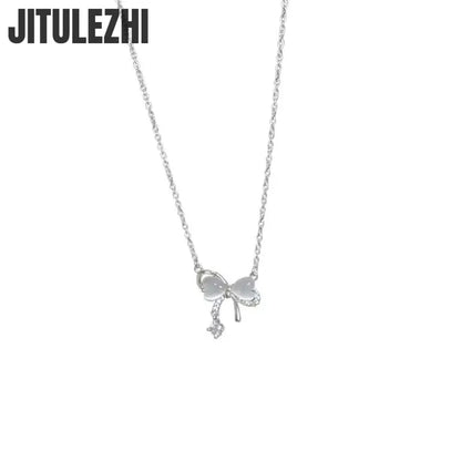 925 Sterling Silver Butterfly Opal Bow Knot Collar Necklace for Women