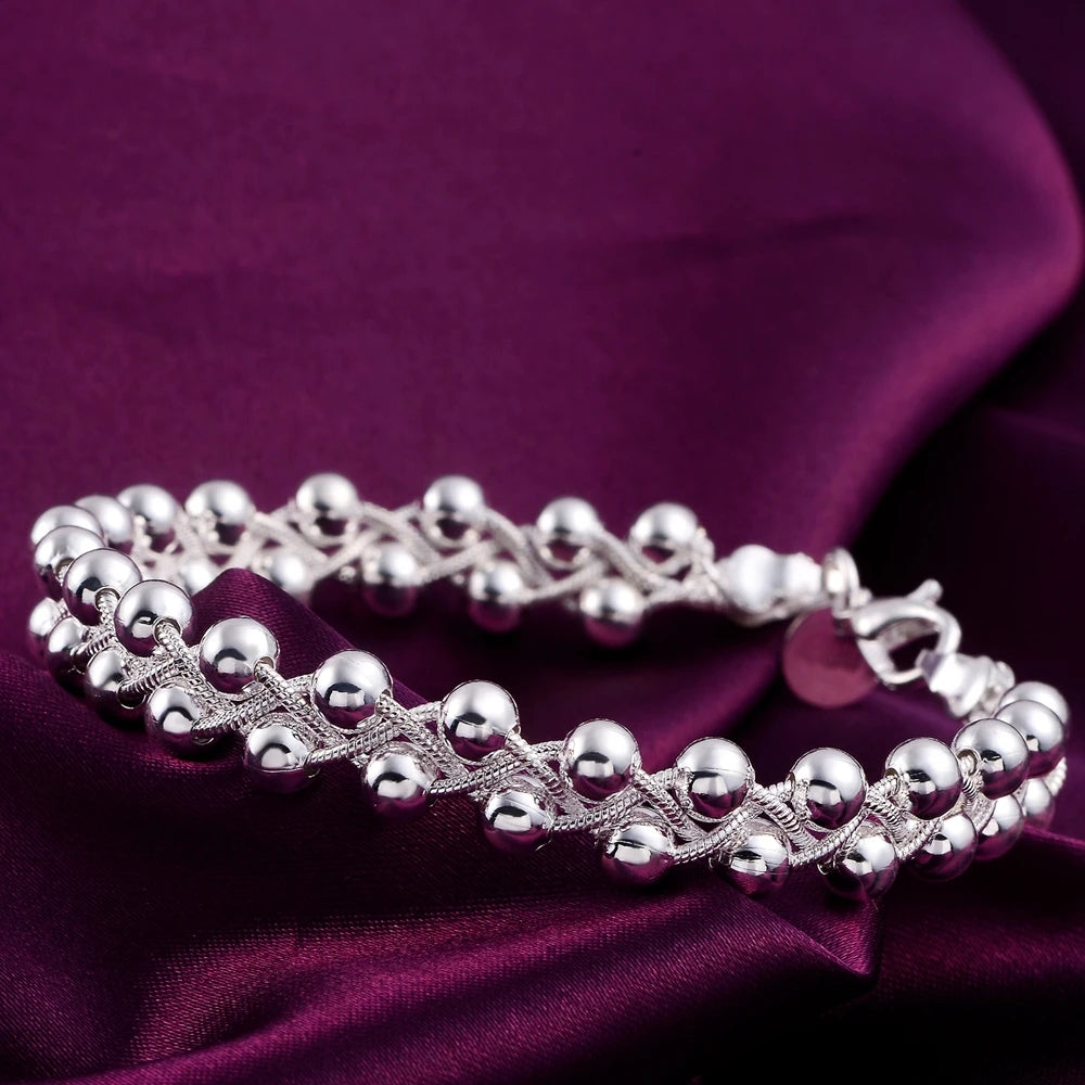 925 Sterling Silver Braided Beads Chain Bracelet for Women