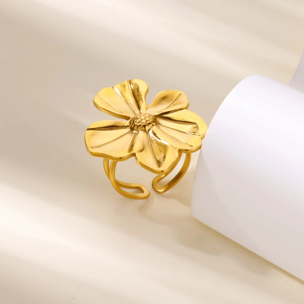 Delicate Flower Wide Band Ring for Women | 18K Gold Plated