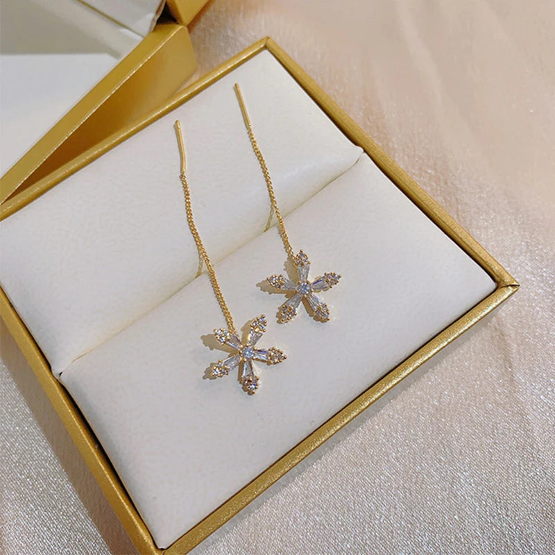 S925 Silver Micro-Inlaid Zircon Flower Ear Line Drop Earrings for Women