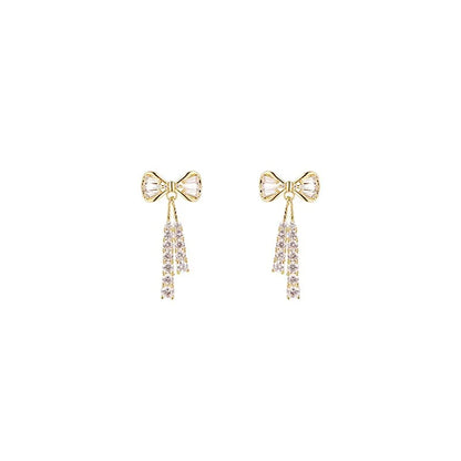 Full Diamond Bow Tie Tassel Drop Earrings for Women
