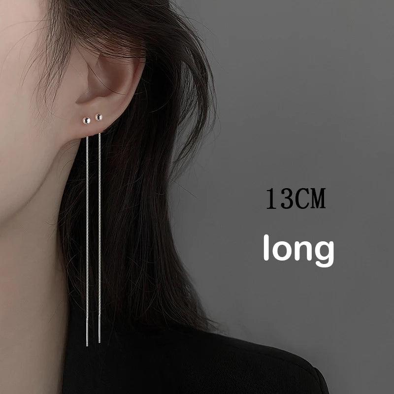 S925 Silver 13cm Square Tassel Chain Ear Line Drop Earrings for Women