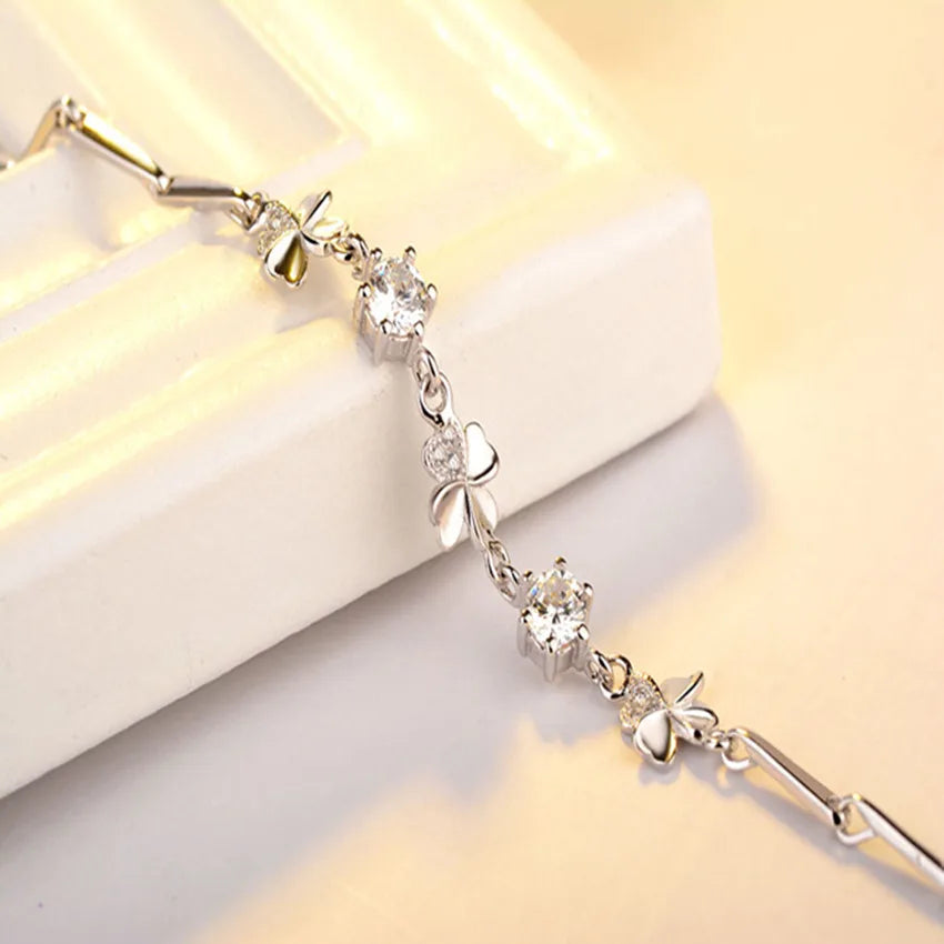 925 Sterling Silver Lucky Clover Crystal Bracelet for Women