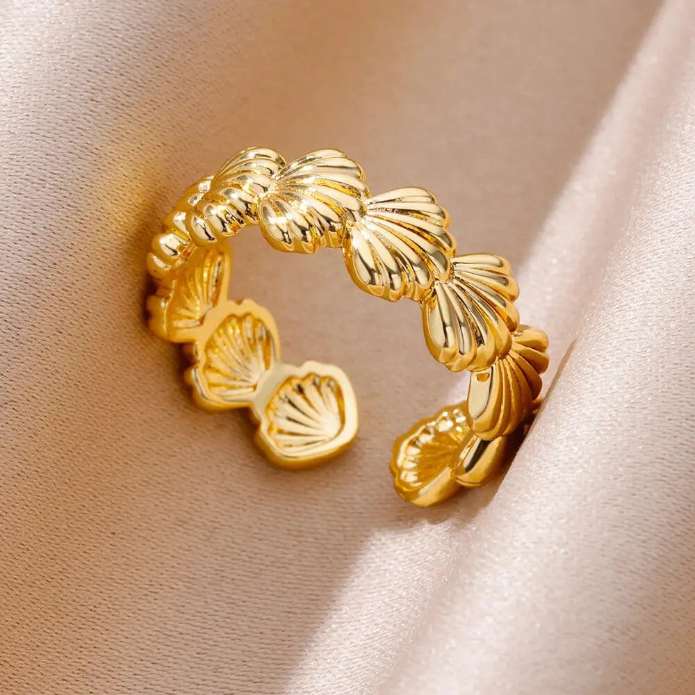 Shell & Star Adjustable Open Ring for Women | 18K Gold Plated
