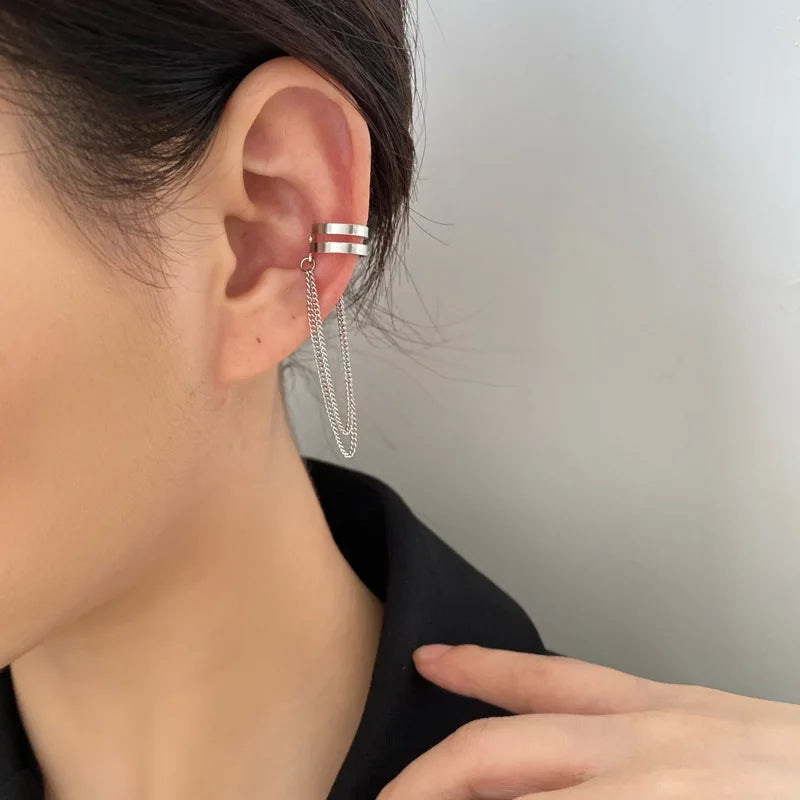 Silver Goth C-Shape Tassel Chain Ear Cuff for Women — No Piercing