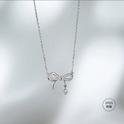 925 Sterling Silver Bow Zircon Pendant Necklace for Women