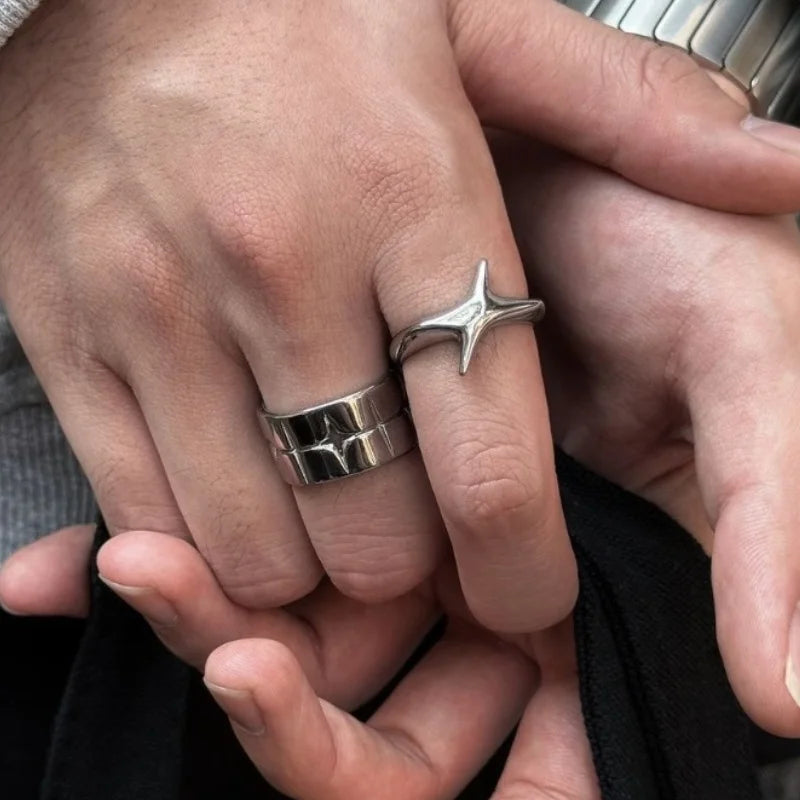 Punk Cross & Star Silver-Colour Ring