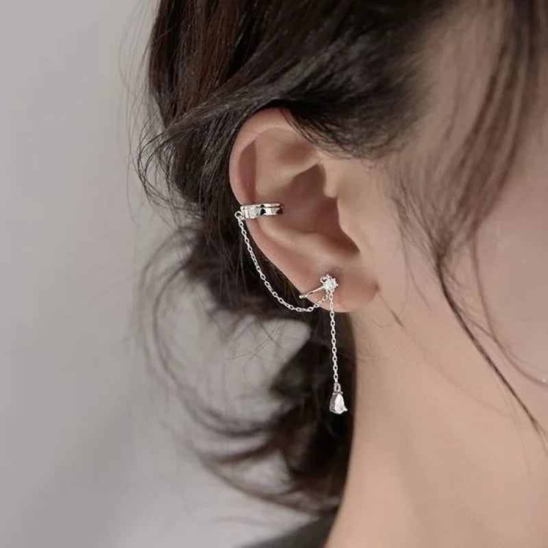 Silver Long Chain Tassel Ear Clip Earrings for Women — No Piercing