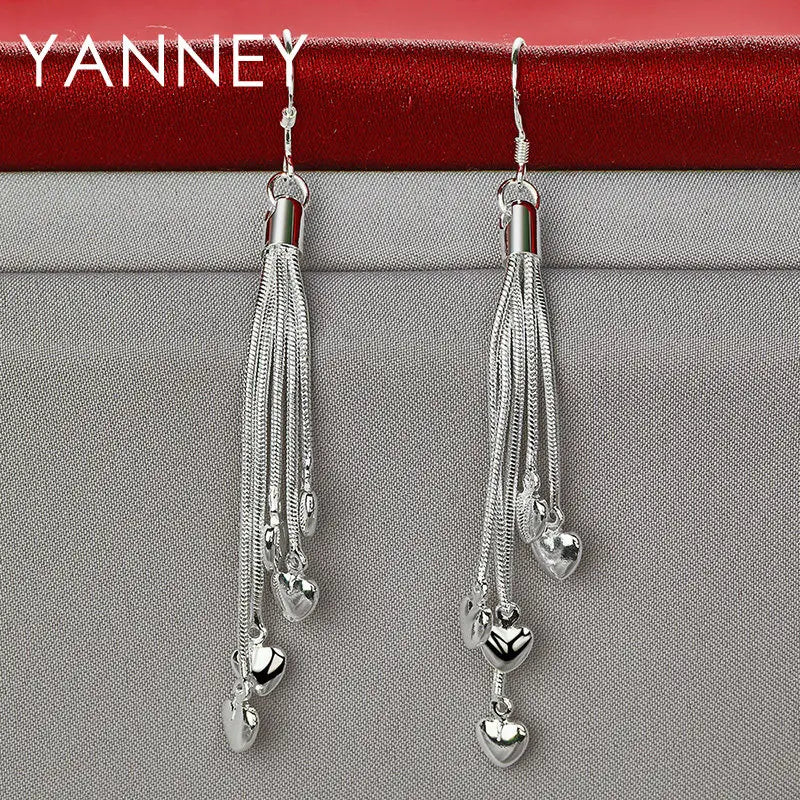 925 Sterling Silver Tassel Heart Drop Earrings for Women