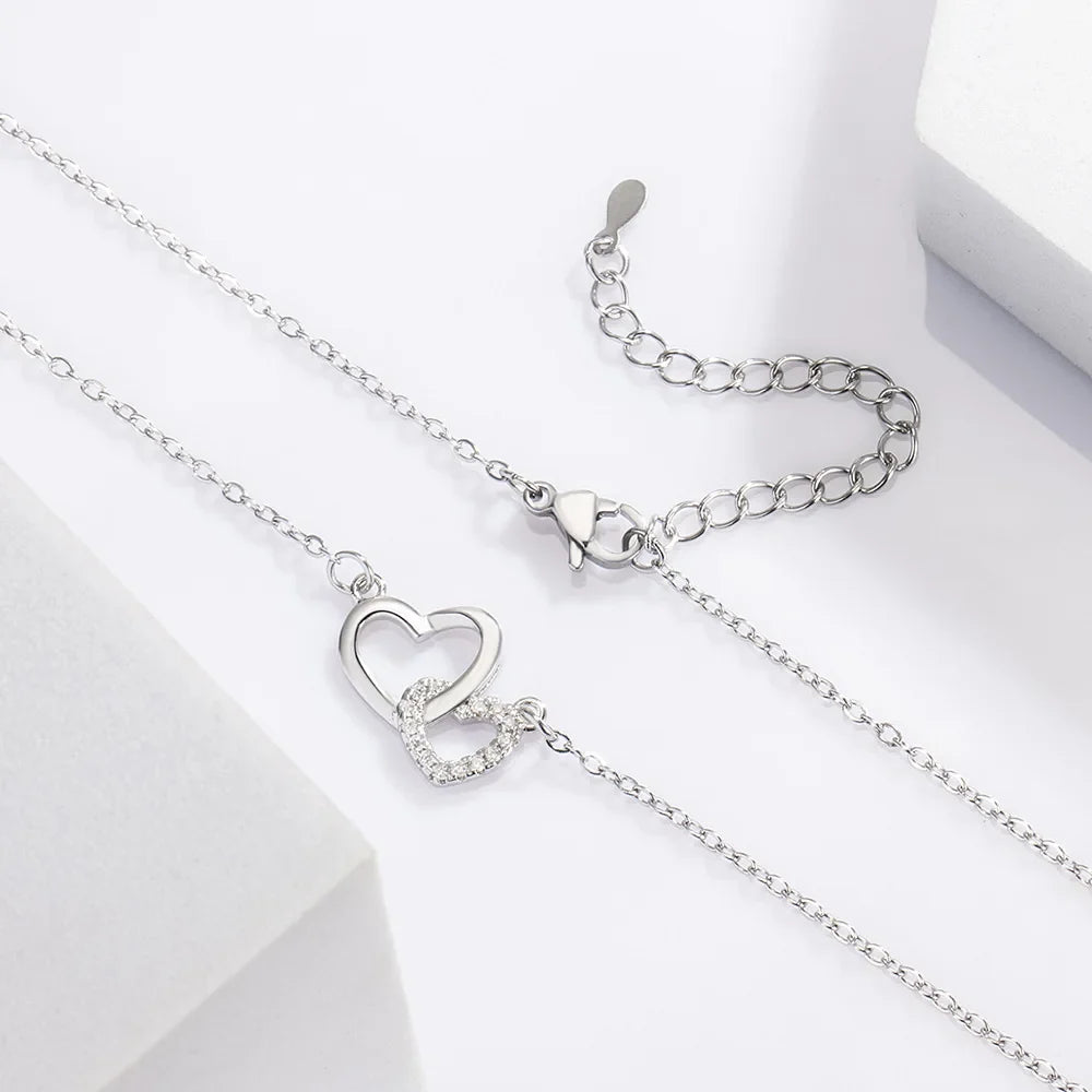 925 Sterling Silver Zircon Double Heart Necklace for Women