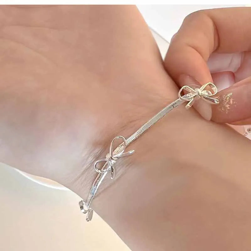 925 Sterling Silver Bow Charm Bracelet for Women