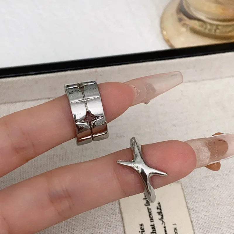 Punk Cross & Star Silver-Colour Ring