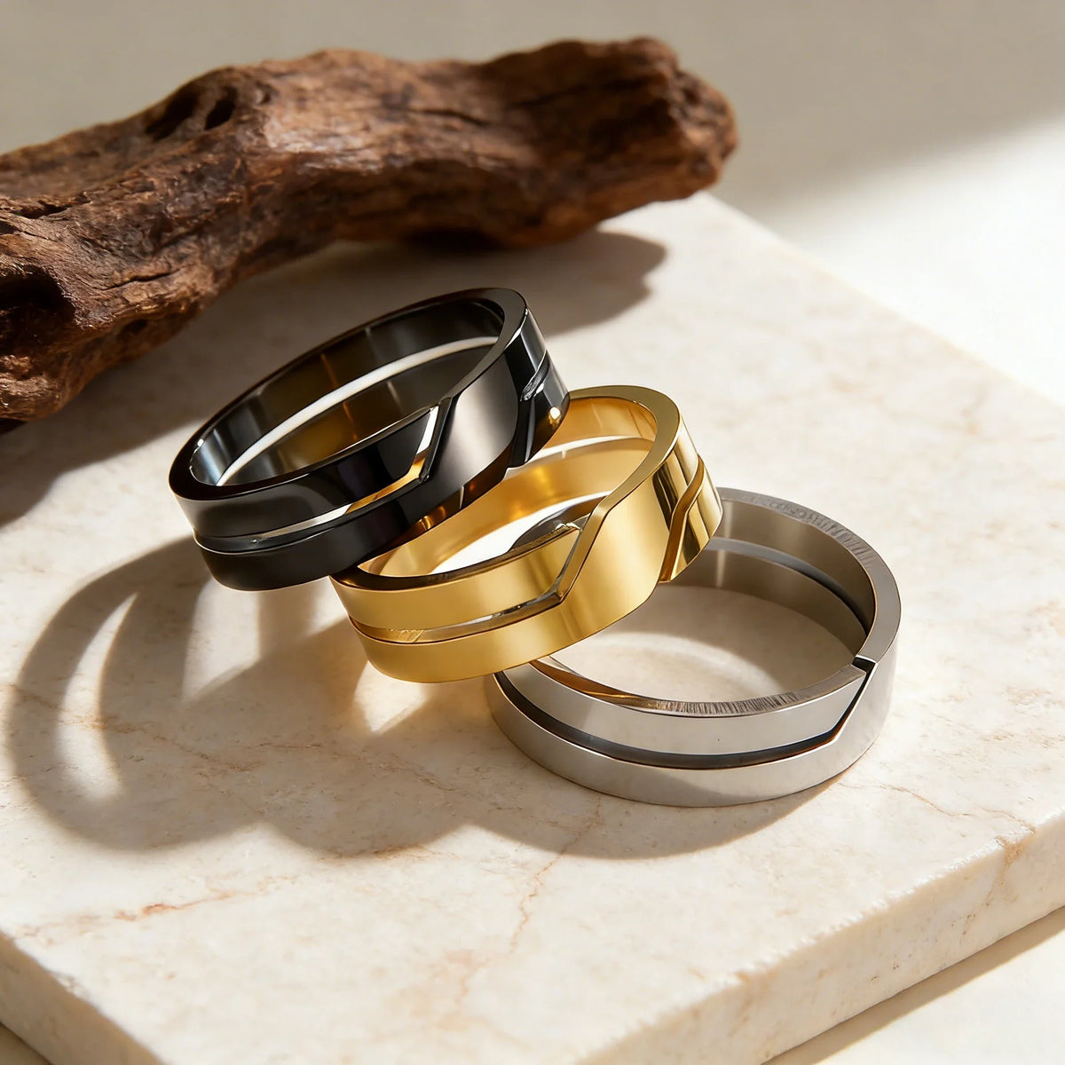 Geometric Slanted Notch Stainless Steel Ring for Men and Women