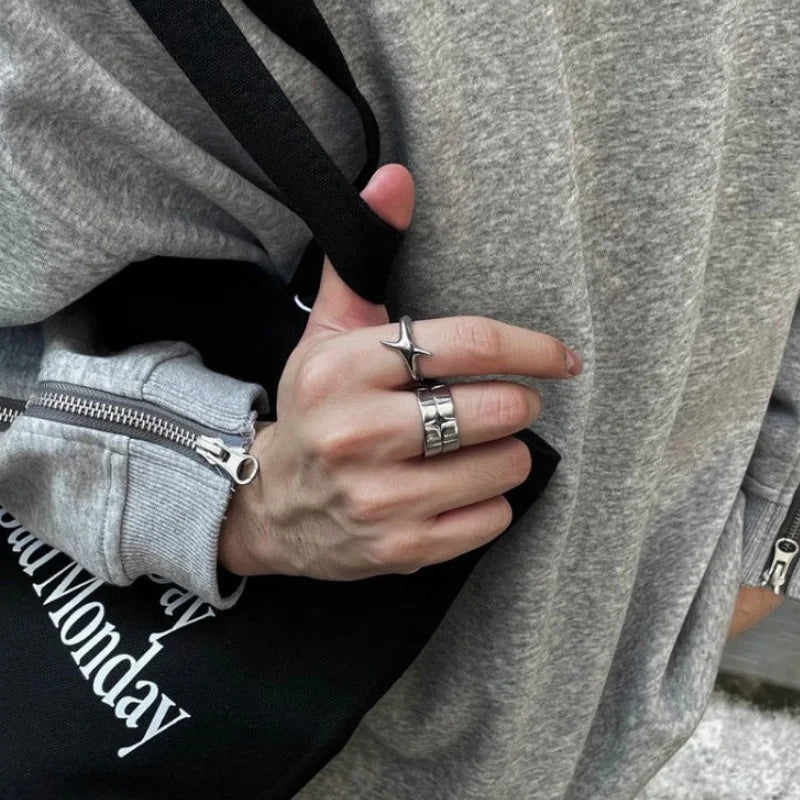 Punk Cross & Star Silver-Colour Ring