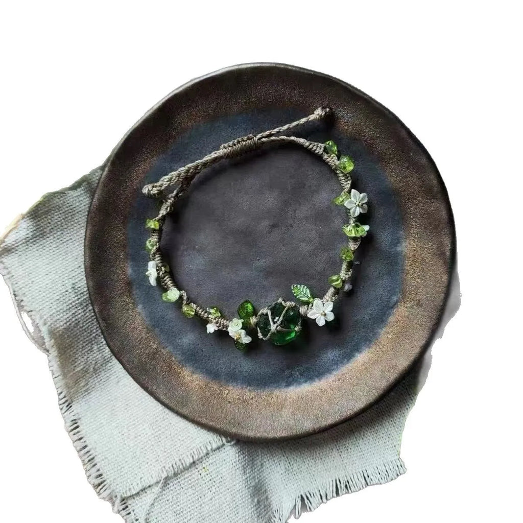 Handmade Crystal Olive Stone Woven Flower Ring for Women | Green