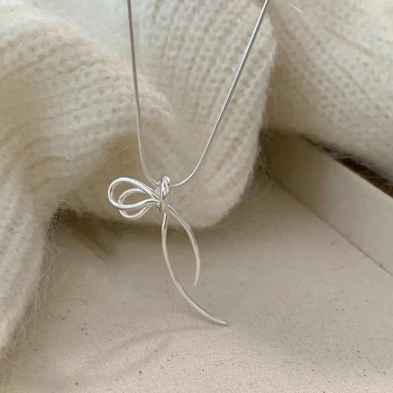 925 Sterling Silver Bow Geometric Pendant Choker Necklace for Women