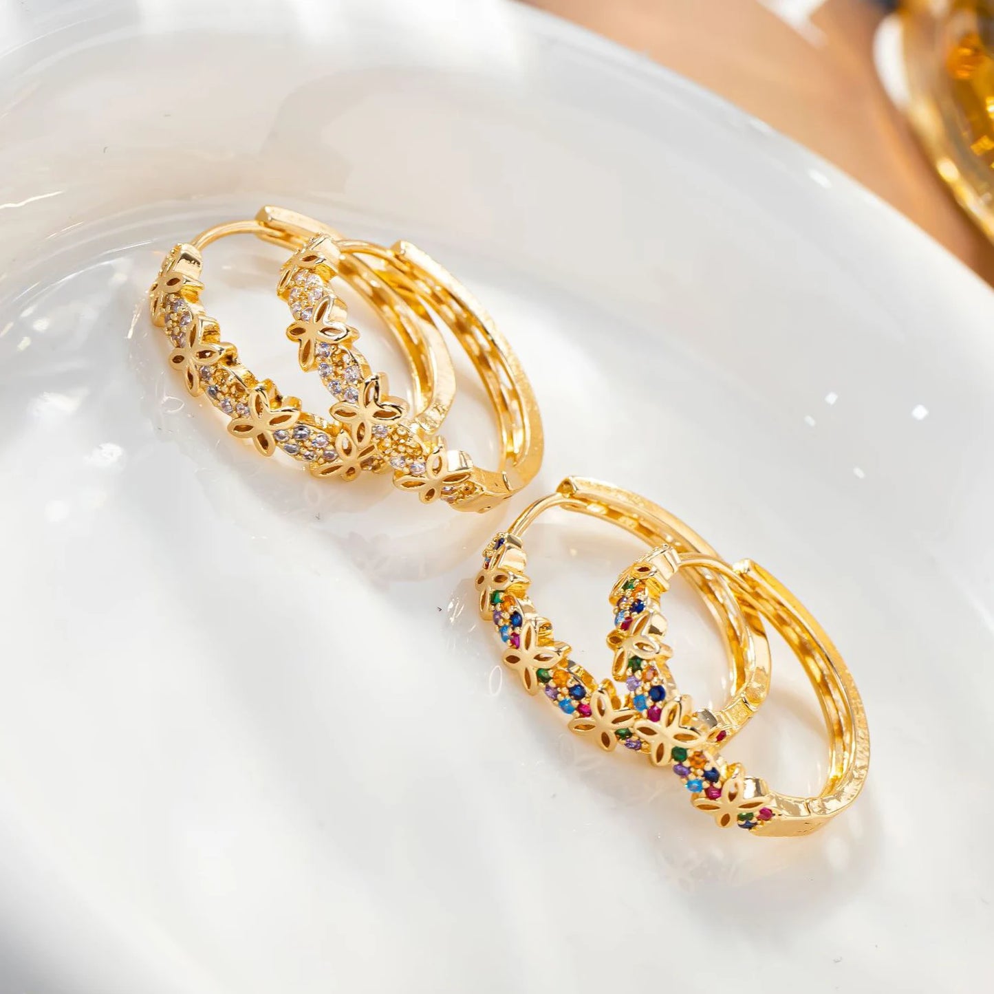 Rainbow Flower Zircon Hoop Earrings for Women